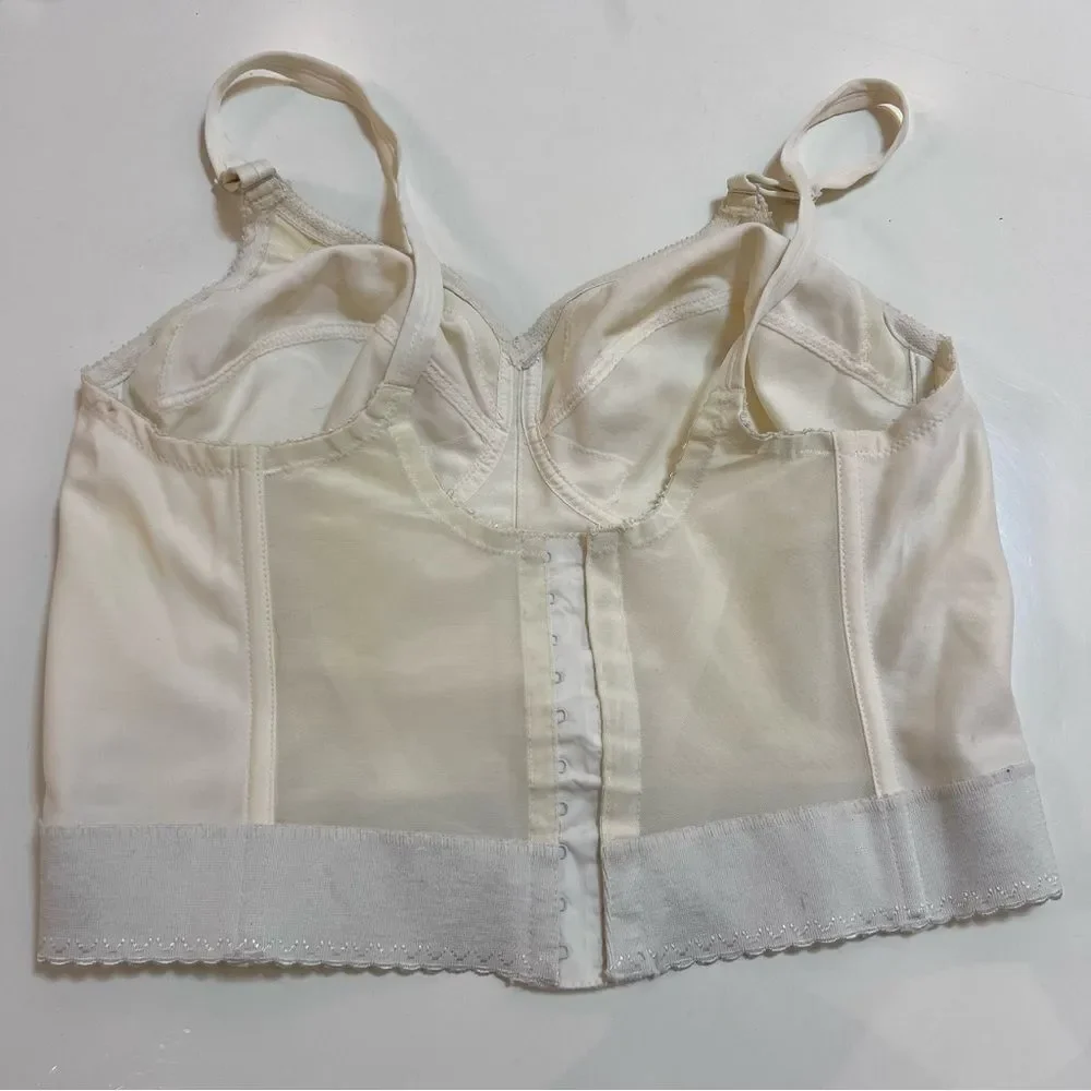 Vintage 1960s / 1970s Ivory Mesh Panel Long Line Soft Cup Bra Corset Bustier